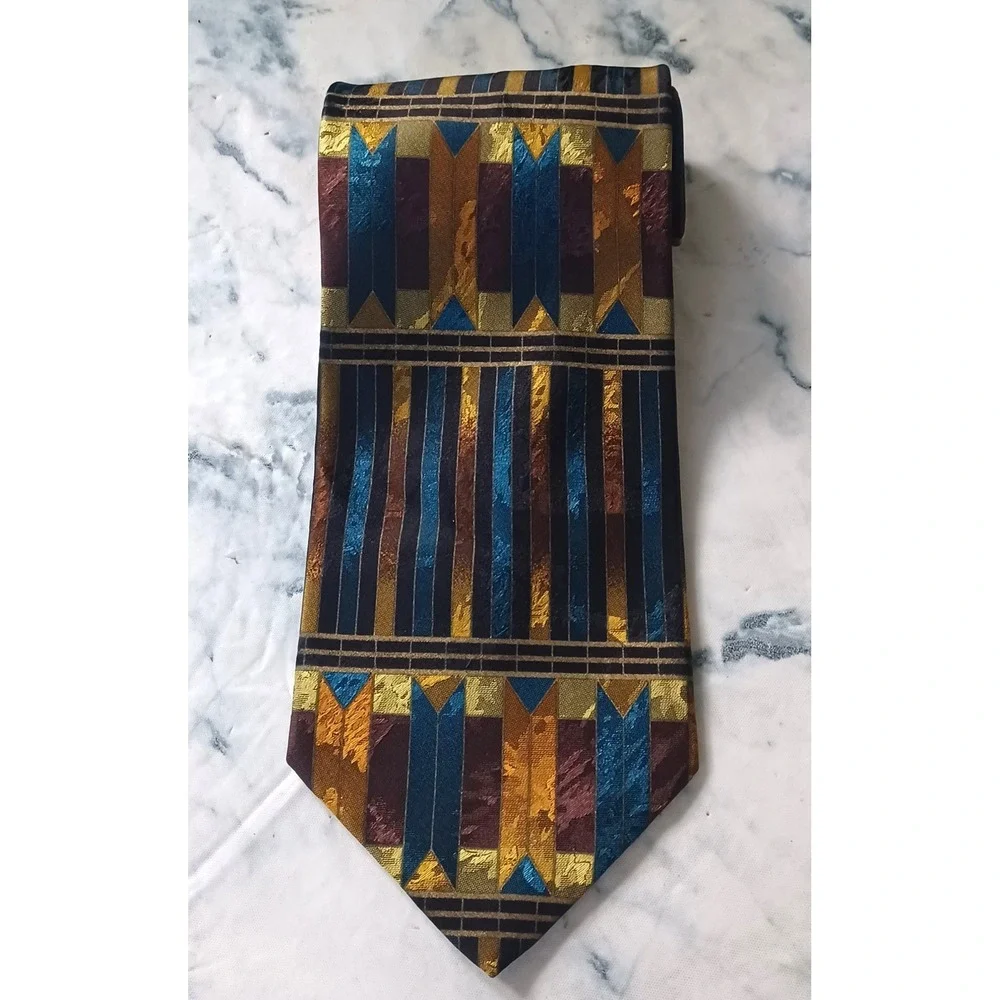 Emilio Romano Silk Tie Men Gold Teal Geometric Art Deco Handmade Italy 4 Inch